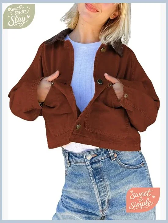 Women's Cropped Corduroy Collar Barn Jacket Button Down Long Sleeve - Picture 1 of 7
